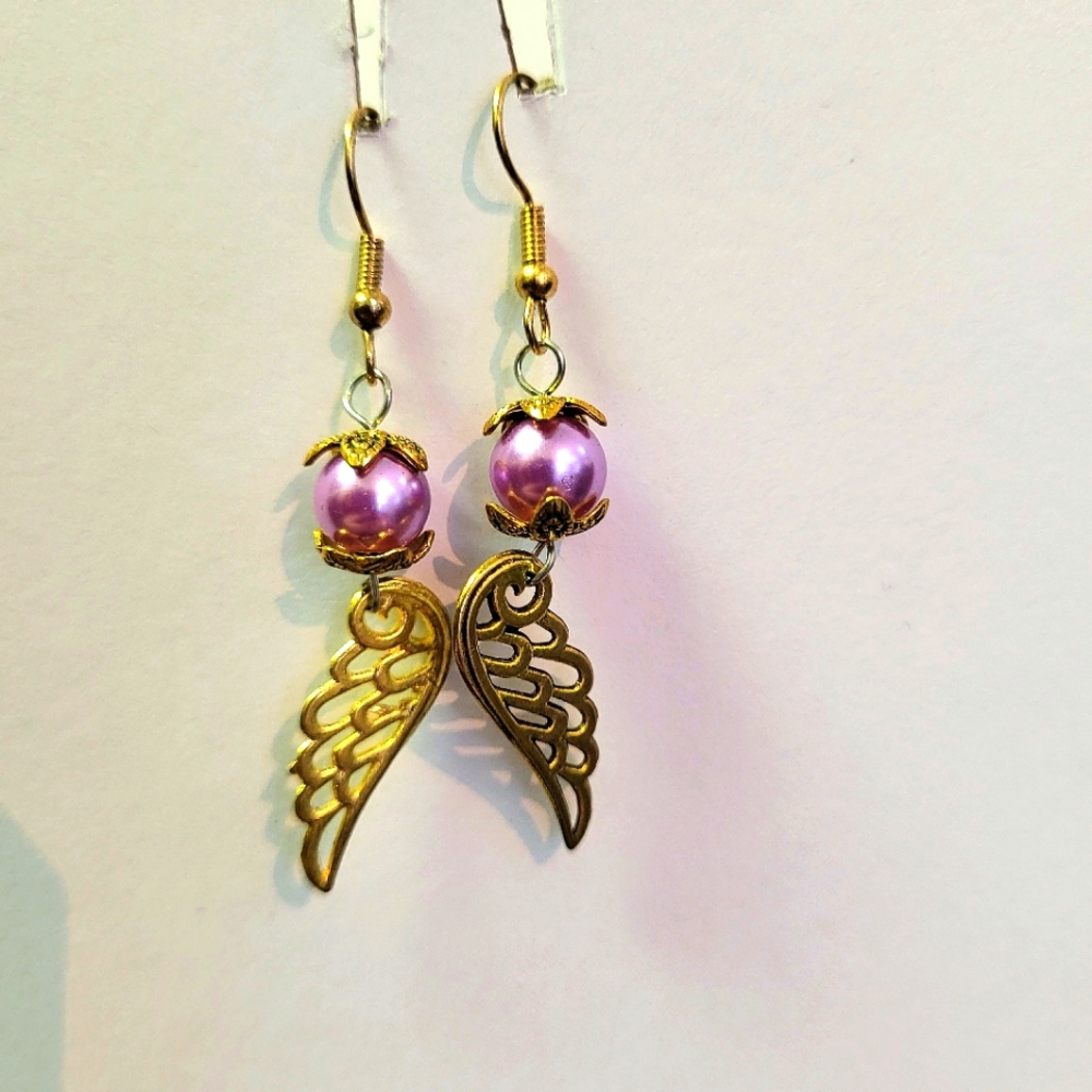 Golden light purple costume angel wing earrings